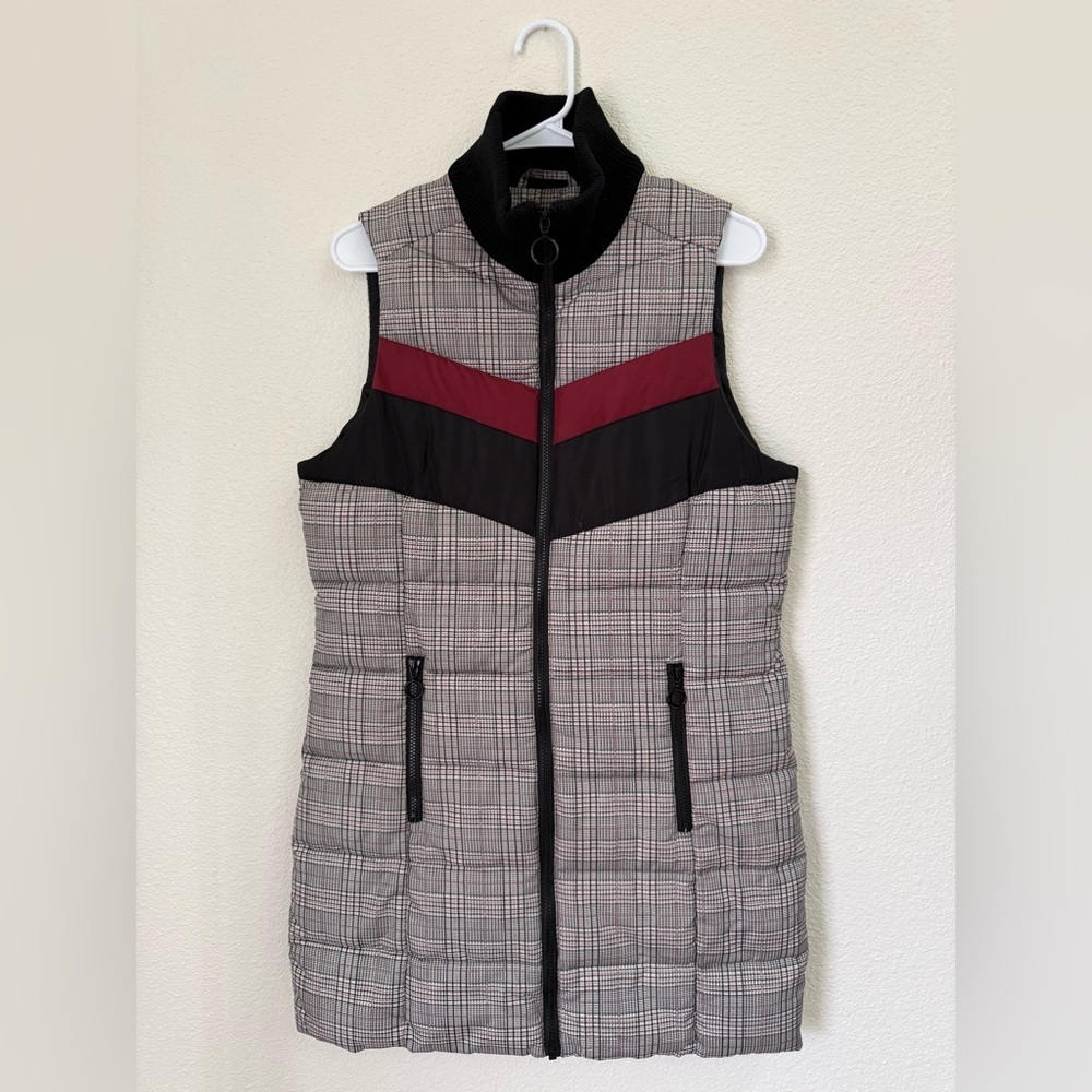 Evereve Peyton Jensen Black Plaid Puffer Full Zip Long Vest Women’s Size M